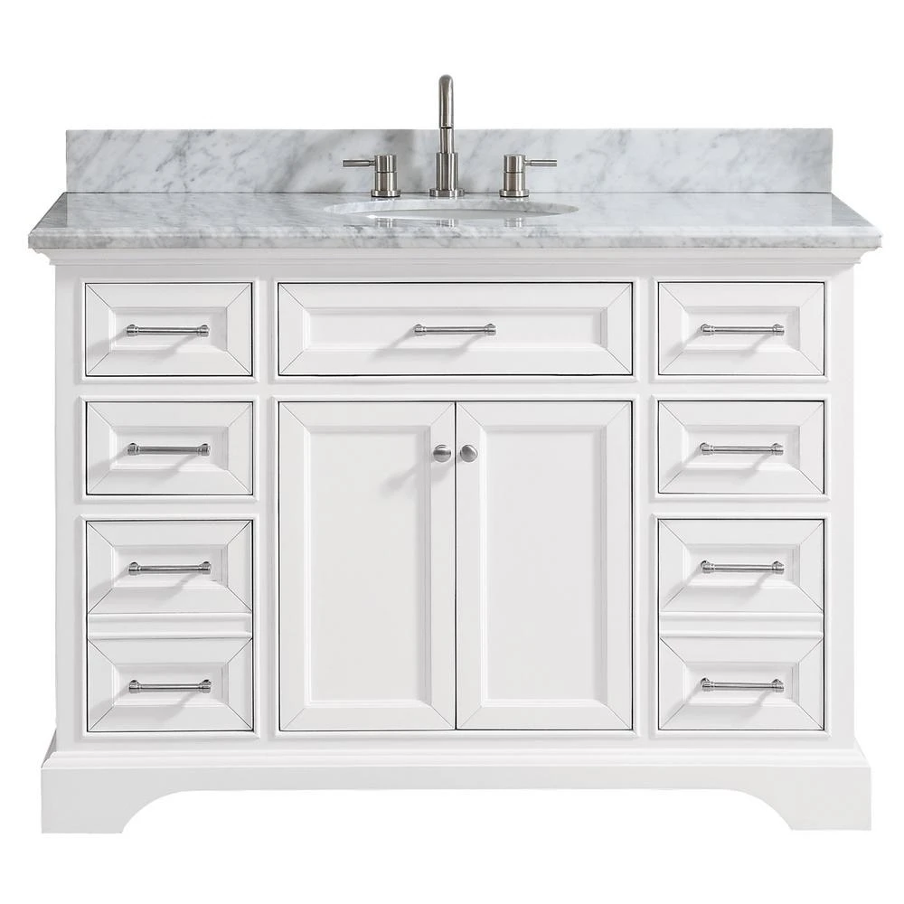 Windlowe 49 In. W X 22 In. D X 35 In. H Bath Vanity In White With Carrera Marble Vanity Top In White With White Sink 3 Windlowe 49 In. W X 22 In. D X 35 In. H Bath Vanity In White With Carrera Marble Vanity Top In White With White Sink