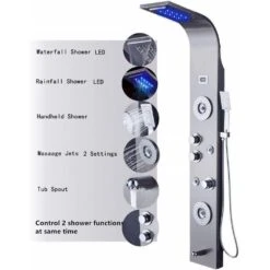 55 In. 6-Jet Shower Panel System With LED Rainfall Waterfall Shower Head Handshower And Tub Spout In Brushed Nickel