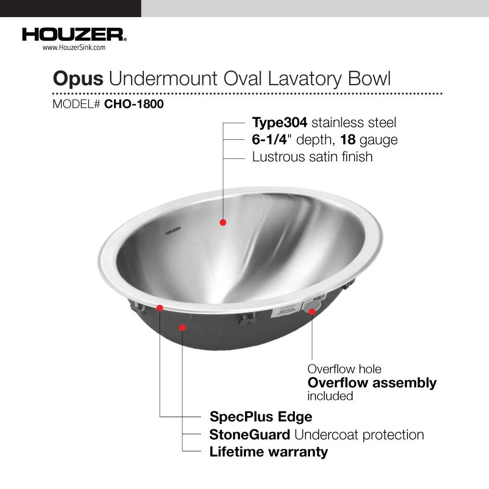 HOUZER Opus Series Undermount 13.6 In. Single Bowl Lavatory Sink With Overflow In Stainless Steel 5 HOUZER Opus Series Undermount 13.6 In. Single Bowl Lavatory Sink With Overflow In Stainless Steel - Image 3
