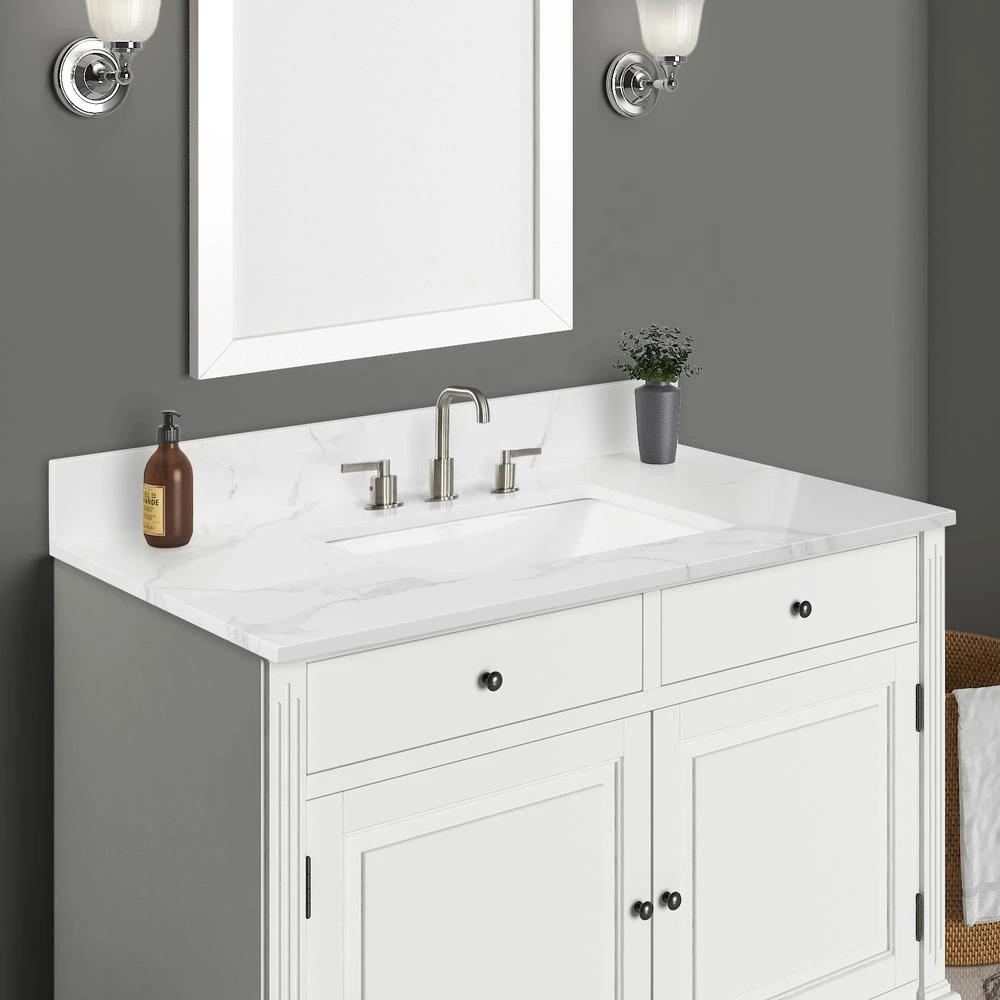 43 In. W X 22 In. D X 0.75 In. H Engineered Marble Vanity Top In Calacatta White With White Basin 5 43 In. W X 22 In. D X 0.75 In. H Engineered Marble Vanity Top In Calacatta White With White Basin - Image 3