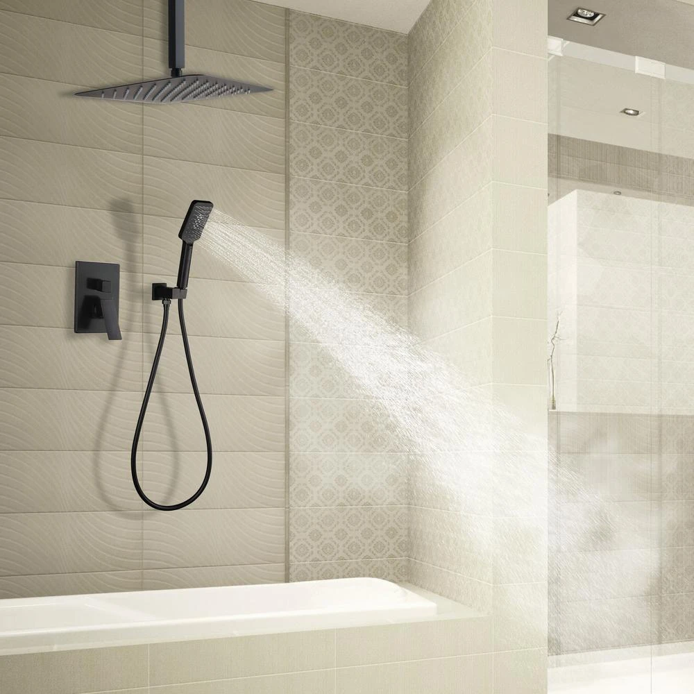 3-Spray With 2.5 GPM 12 In. 2 Functions Tub Ceiling Mount Dual Shower Heads In Spot In Matte Black (Valve Included) 6 3-Spray With 2.5 GPM 12 In. 2 Functions Tub Ceiling Mount Dual Shower Heads In Spot In Matte Black (Valve Included) - Image 4