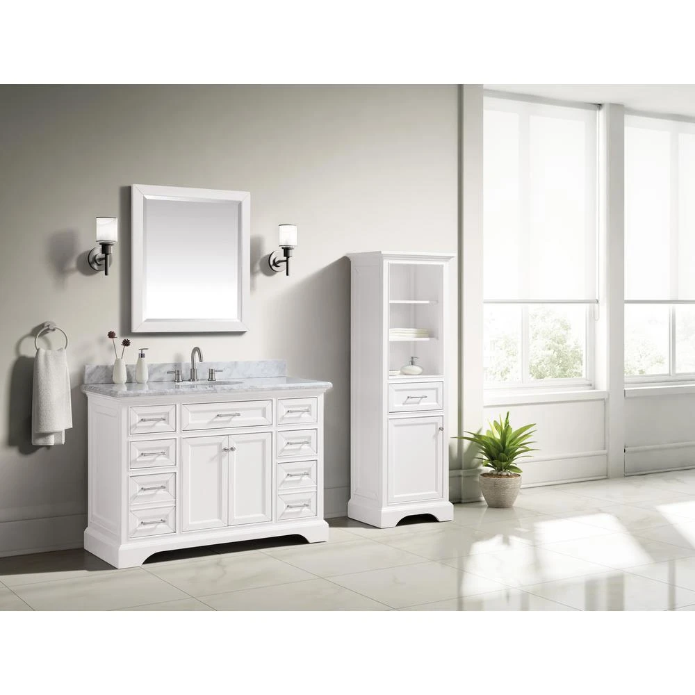 Windlowe 49 In. W X 22 In. D X 35 In. H Bath Vanity In White With Carrera Marble Vanity Top In White With White Sink 4 Windlowe 49 In. W X 22 In. D X 35 In. H Bath Vanity In White With Carrera Marble Vanity Top In White With White Sink - Image 2