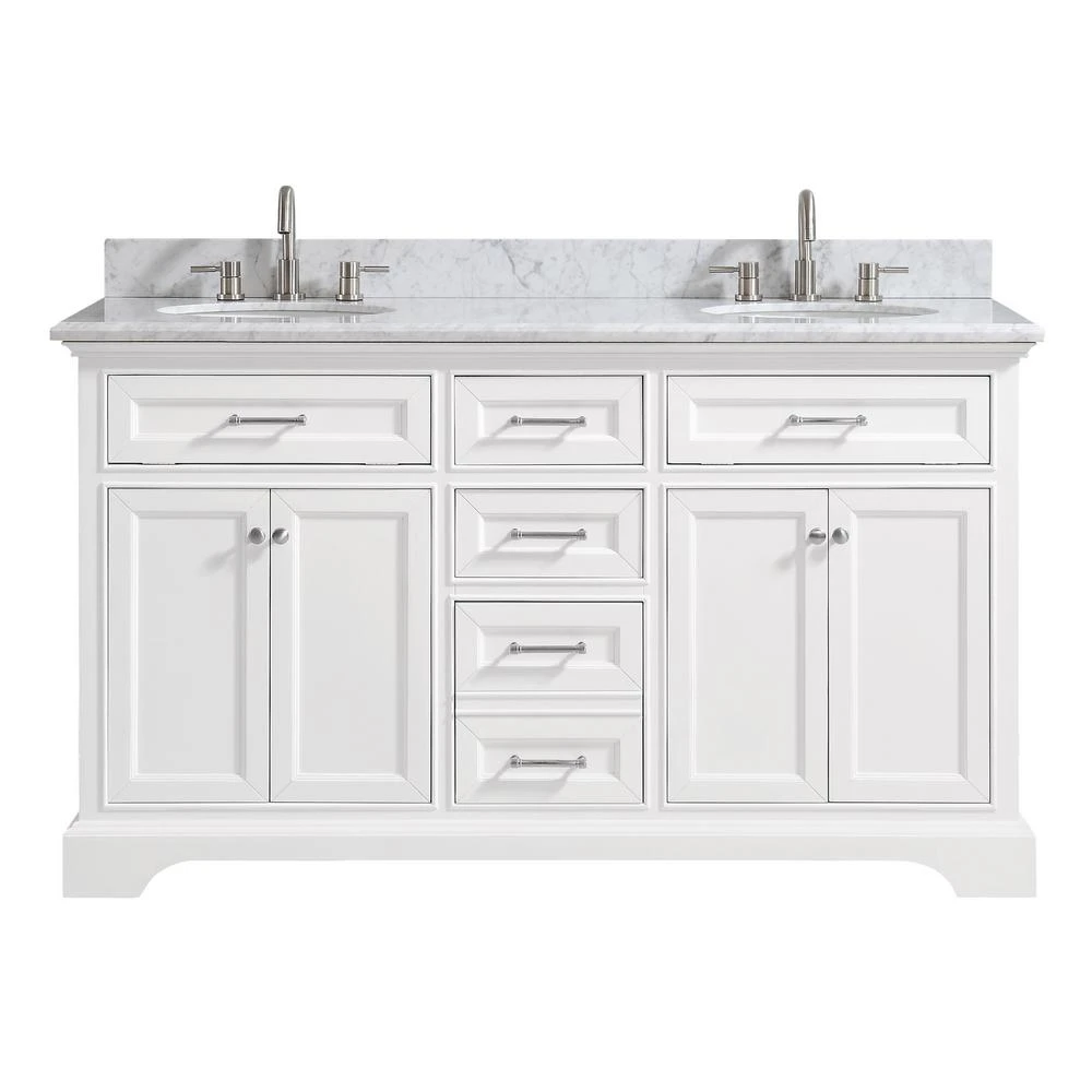 Windlowe 61 In. W X 22 In. D X 35 In. H Bath Vanity In White With Carrera Marble Vanity Top In White With White Sink 3 Windlowe 61 In. W X 22 In. D X 35 In. H Bath Vanity In White With Carrera Marble Vanity Top In White With White Sink