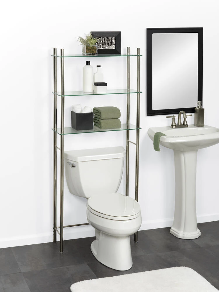 Zenna Home® Floating Glass 26"W X 60"H Brushed Nickel Over-the-Toilet Storage Shelves 4 Zenna Home® Floating Glass 26"W X 60"H Brushed Nickel Over-the-Toilet Storage Shelves - Image 2