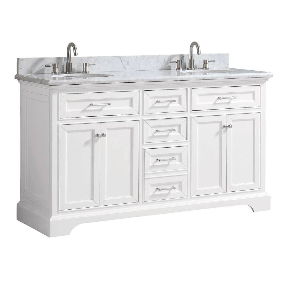 Windlowe 61 In. W X 22 In. D X 35 In. H Bath Vanity In White With Carrera Marble Vanity Top In White With White Sink 5 Windlowe 61 In. W X 22 In. D X 35 In. H Bath Vanity In White With Carrera Marble Vanity Top In White With White Sink - Image 3