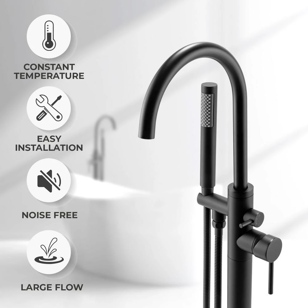 1-Handle Freestanding Floor Mount Tub Faucet Bathtub Filler With Hand Shower In Matte Black 4 1-Handle Freestanding Floor Mount Tub Faucet Bathtub Filler With Hand Shower In Matte Black - Image 2