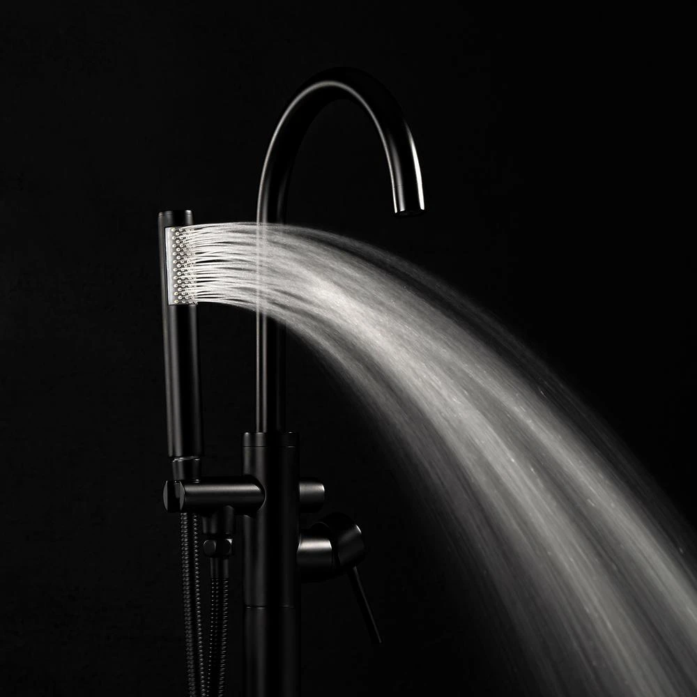 1-Handle Freestanding Floor Mount Tub Faucet Bathtub Filler With Hand Shower In Matte Black 7 1-Handle Freestanding Floor Mount Tub Faucet Bathtub Filler With Hand Shower In Matte Black - Image 5