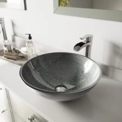 VIGO Glass Vessel Bathroom Sink In Simply Silver And Niko Faucet Set In Brushed Nickel