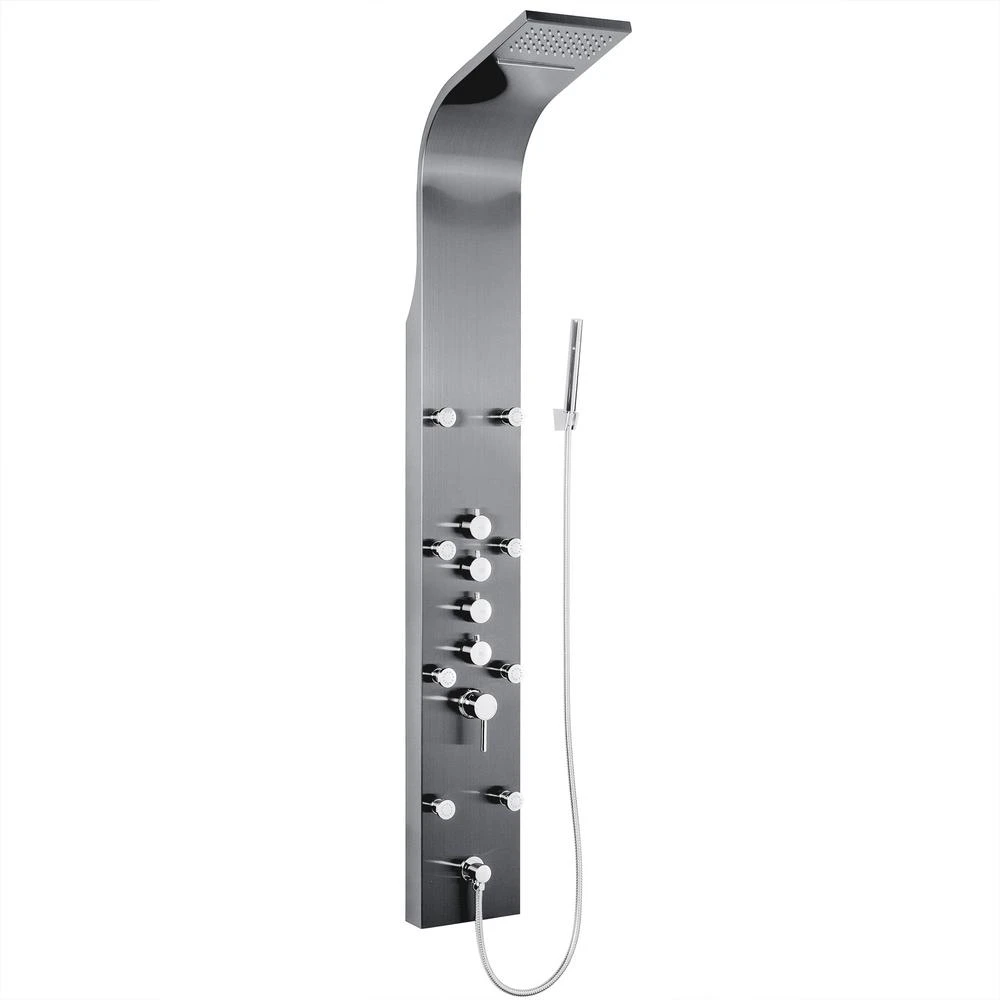 65 In. 8-Jet Shower Panel System In Space Gray Brushed Stainless Steel With Rainfall Waterfall Shower Head And Wand 3 65 In. 8-Jet Shower Panel System In Space Gray Brushed Stainless Steel With Rainfall Waterfall Shower Head And Wand